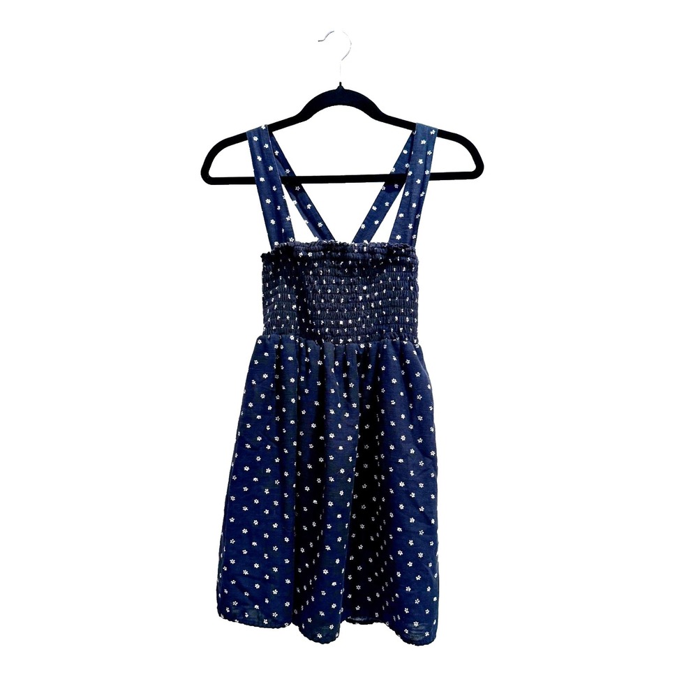 American Eagle Womens XS Smocked Floral Mini Dress Navy Linen Blend Cottagecore